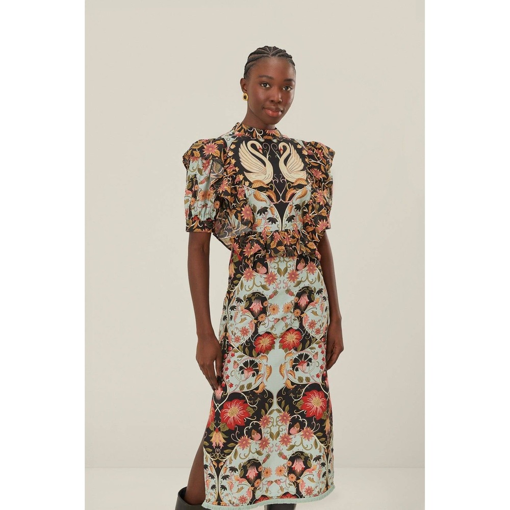 Farm Rio Blue Flowing Beauty Midi Dress XS Swan Floral Ruffle Tencel Cotton
